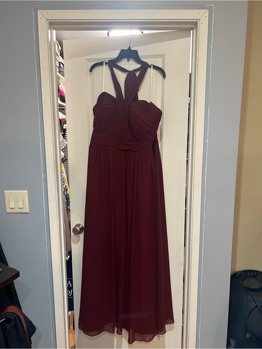 Camille La Vie Wine Burgundy Halter Chiffon Maxi Dress